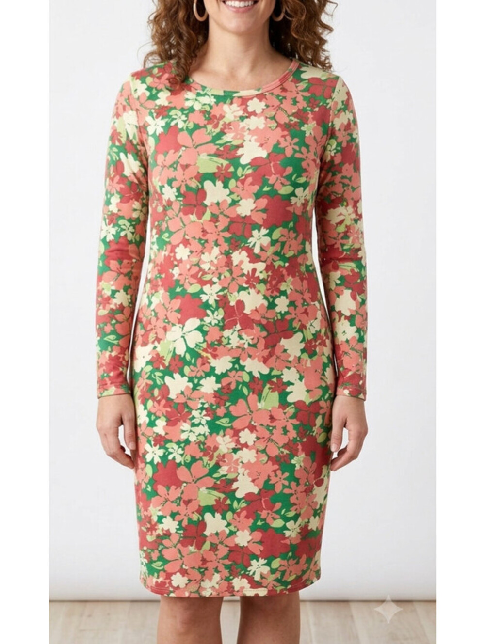 LuLaRoe Floral Dress Large L NWT New Long Sleeve Green Pink Stretch Casual Mid